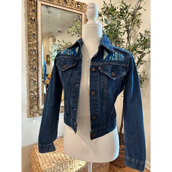 Vintage Oaxaca Fabric on Denim Jacket - Aztec Design - Size X Small - Picture 2 of 3